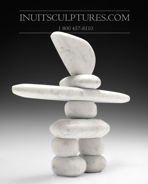 12" Carrara Marble Masterful Inukshuk by Paul Bruneau